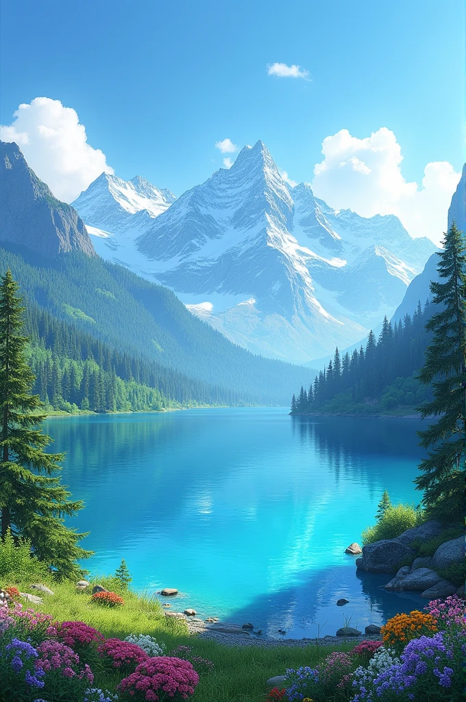 Blue -green lake, colorful flowers, trees   snowy mountains, blue sky 