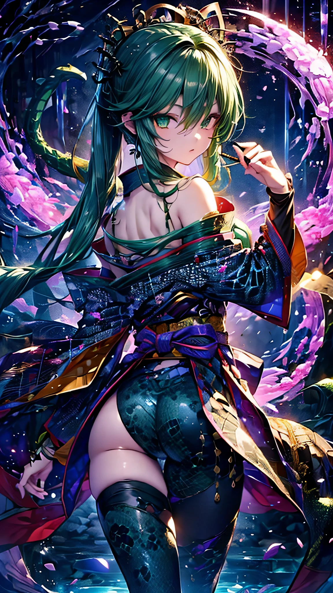Personification of Yamata no Orochi))) (Beautiful trainee)、snake print tights、(((Japanese Goth))) (Dark green hair)、 Fight with a sword