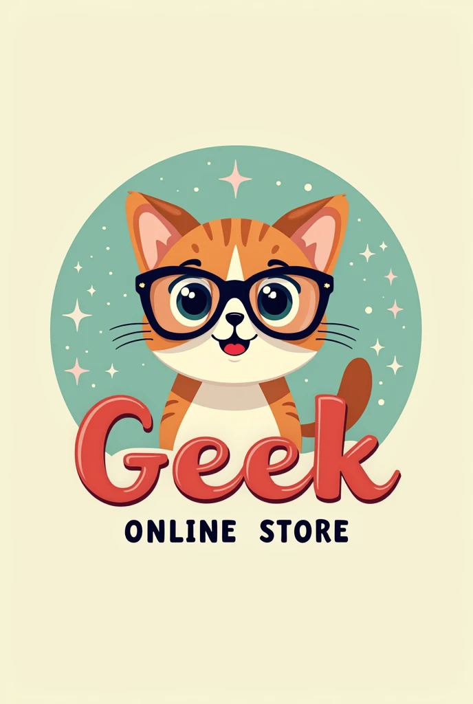 Create a logo for a company called The Geek Online Store with a pet animal and pastel colors and a retro theme with the text in Spanish
