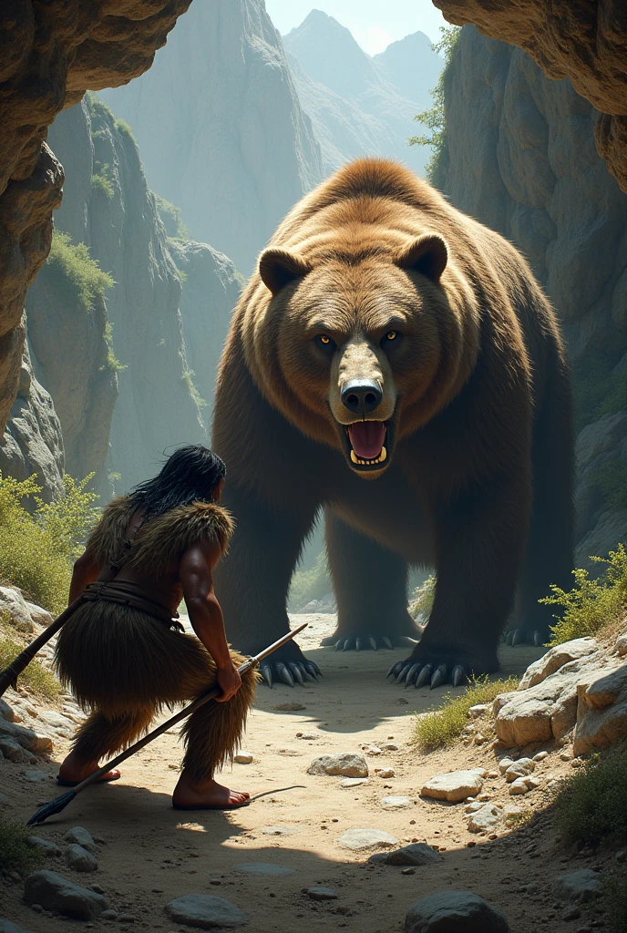 Cave bear coming out and a prehistoric man waiting for him