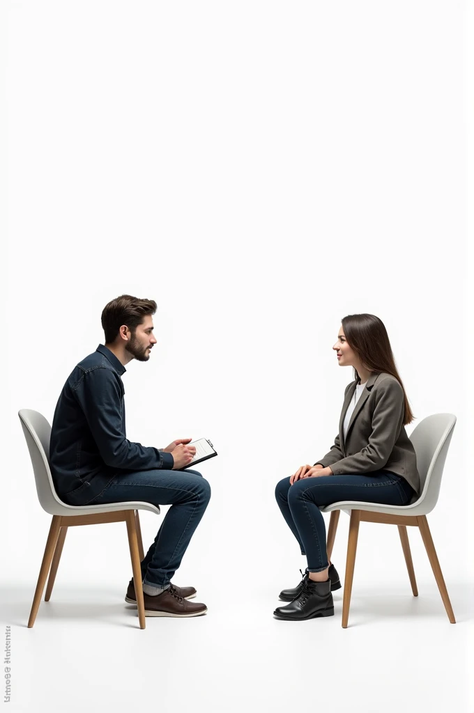A student performing the interview research technique with someone. With a white background