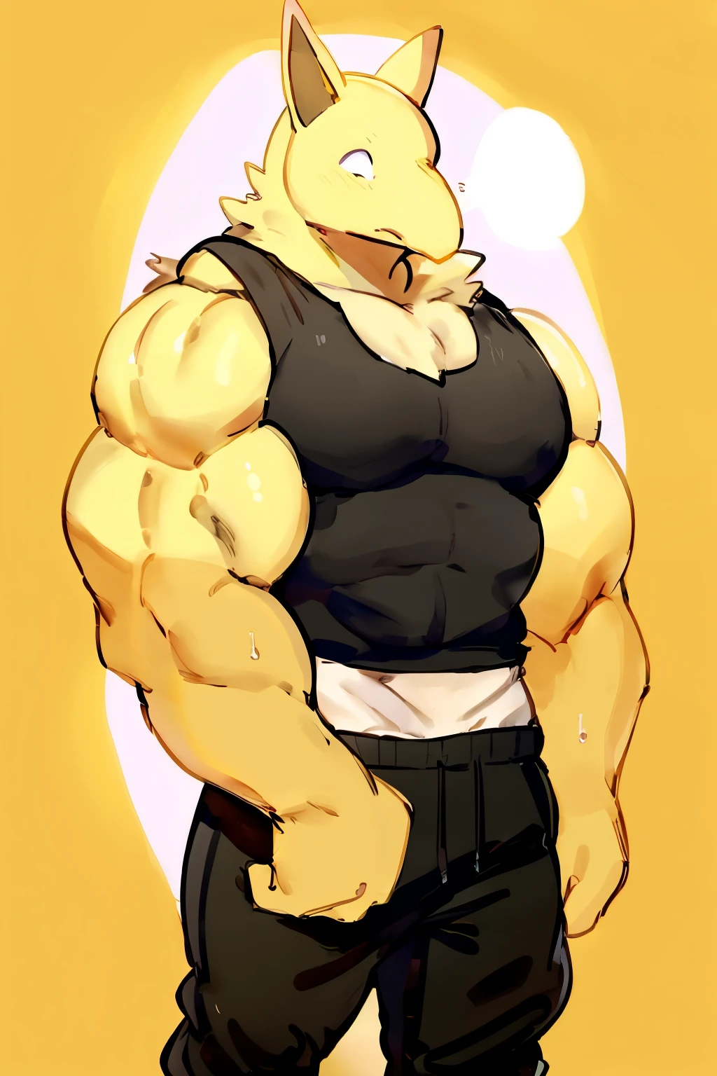 Furry, Anthro, solo, Hypno, Male, (((muscular body, massive thighs, massive male pectorals, yellow skin, fluffy neck, wearing white fur around neck))), ((((massive biceps)))), ((((((massive bulky torso, wide-eyed, head tilted, shaky hands, wearing black tanktop, wearing black sweatpants)))))), upper body, black/yellow spraypainted background, by buta99, by zackary911, by bebebebebe, (((digital painting)))