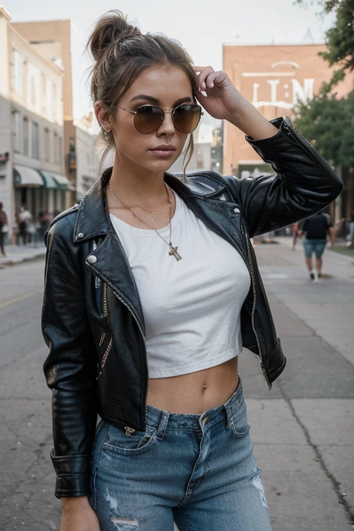 (masterpiece:1.2, best quality), 1lady, solo, upper body, big tits, Chic and edgy leather jacket paired with a classic white t-shirt and distressed jeans Confident and effortless with minimal makeup and a messy bun (Music festival or a trendy downtown neighborhood) Statement sunglasses and chunky jewelry, with a cross-body bag for convenience