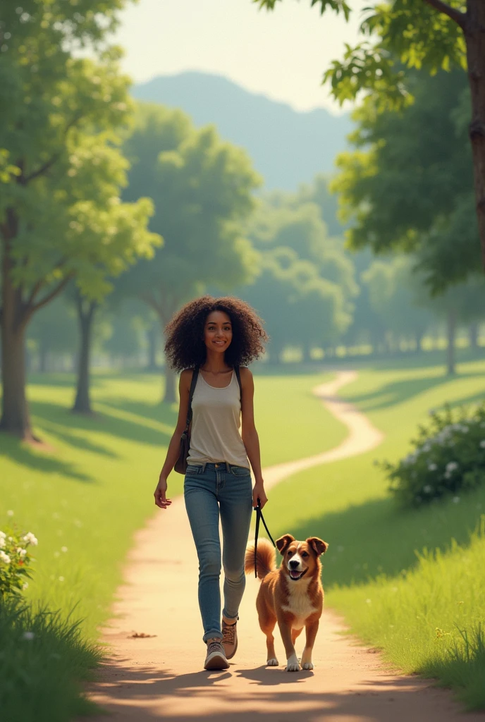 Brunette girl with curly hair walking a dog and a wide background of a park behind her