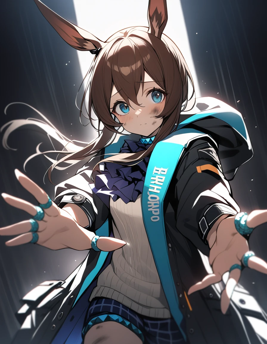 One person, Amiya \(Arknights\), Horse Girl, Dirty Face, Outstretched Hand, close, Movie angle, Shorthand, dark, dark background, masterpiece, Highest quality