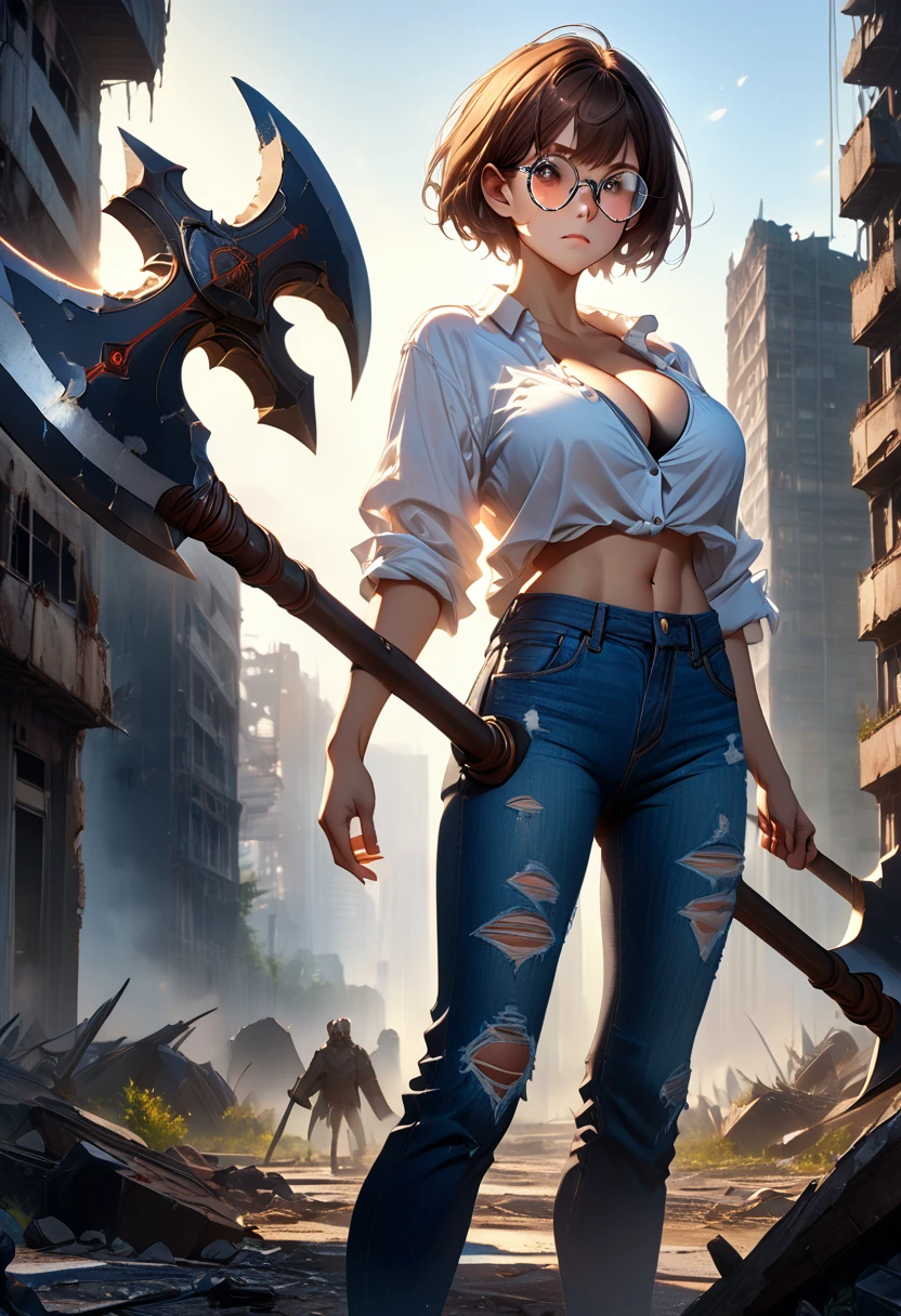 tomboy, solo, (very short hair, pixie cut, brown hair), circle-glasses, cute girl, perfect female body, big breasts, cleavage, toned stomach, beautiful limbs, white open Shirt, black bikini top, Distressed jeans short pants, high heels, she holds one battleaxe with both hands, (((((battleaxe for giants))))), A huge battleaxe over 3m, Only one weapon: a battleaxe, she has superhuman strength, A defeated expression, science fiction, A ruined world, Dilapidated building district, Morning Glow, UHD, masterpiece, anatomically correct, textured skin, high details, high quality