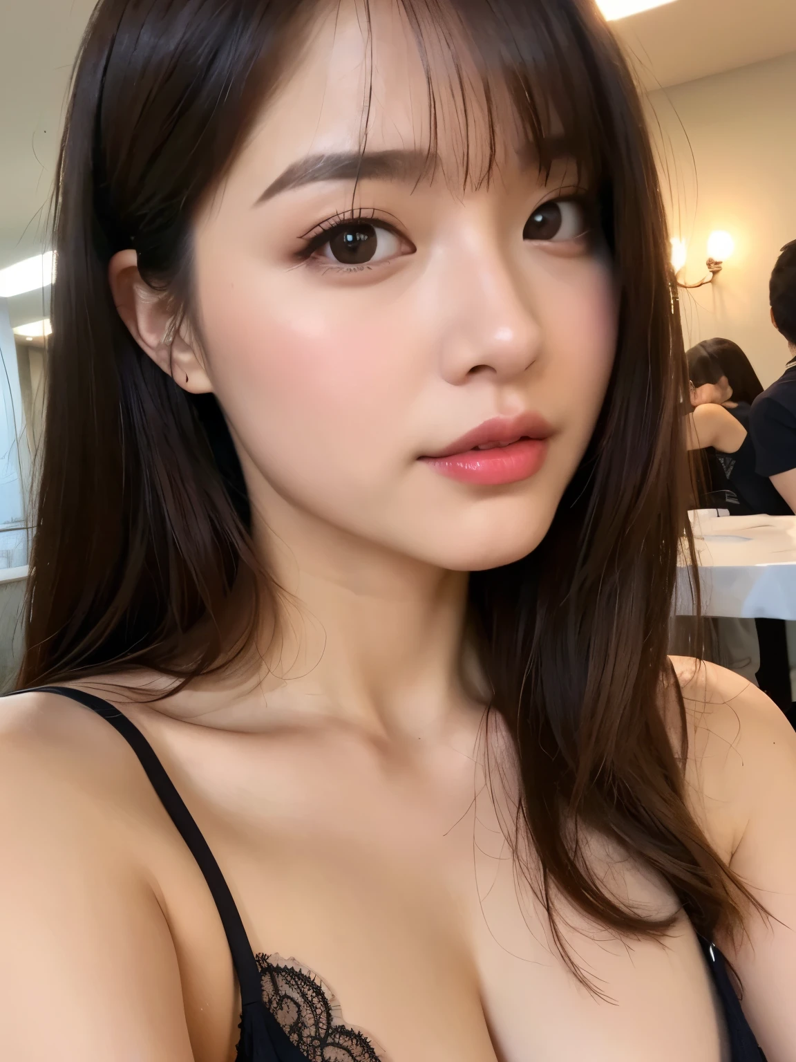 (Photorealistic、Masseter muscle area、Highest quality、High resolution、RAW Photos)、（full body, no cloth, glamorous body）Realistic、Bright lighting、Face Light、Smooth Professional Lighting、pretty girl、Beautiful woman、Modeled、gravure、natural makeup、so beautiful、Realistic and beautiful skin, Beautiful and detailed、Detailed face、Large Breasts++、Cleavage、(Random Hairstyle、random colored hair、bangs, Brown eyes, sexy face, looking at the camera)、take a picture, Seductive Pose, cowboy shot, angle from below, (high quality lingerie, Luxury lingerie,Random Color Lingerie) ,dynamic pose,look of impending kiss+++