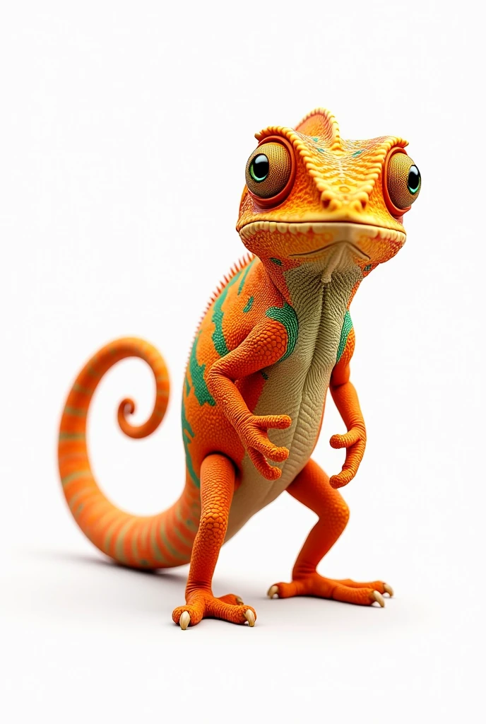 An orange chameleon with small green details with a very LARGE TAIL, standing and looking friendly. and that it is male on a white background