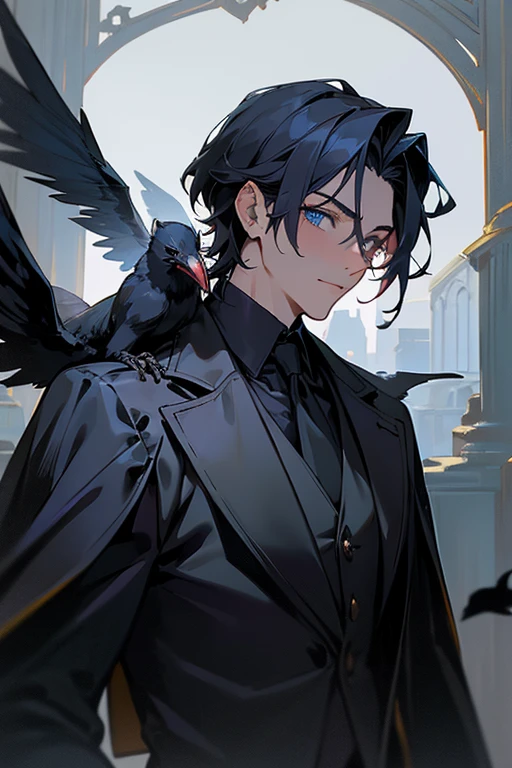 ((Best quality)), ((masterpiece)), (detailed), ((perfect face)), ((halfbody)) In the eerie twilight of a hauntingly beautiful carnival, a dashing young man with piercing blue eyes and raven hair, clad in a vintage black suit, confidently strolls along the cobblestone path. As he passes by the enigmatic booths with its that lie within the heart of this eerie wonderland. He has a pet crow on his shoulder. Visible face.