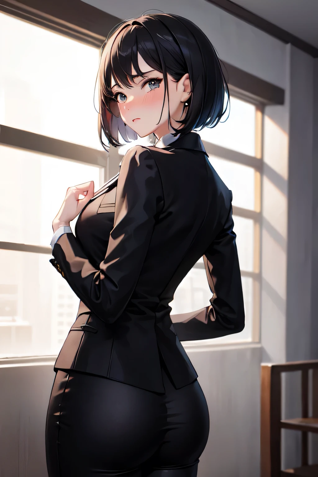 (((masterpiece,best quality,ultra detailed,high resolution))),One person,Cute face,Black Hair,Bob Hair,shame,pants suit,looking back,hip focus,nose blush,furrowed brow