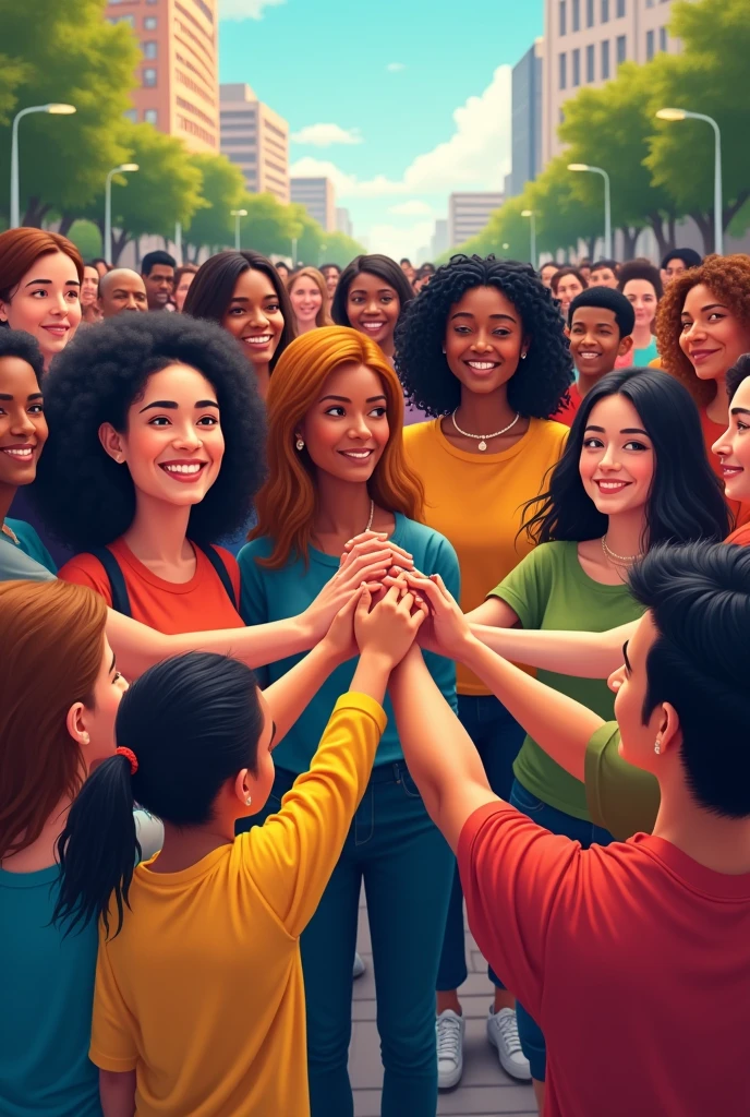 Colorful unity of people holding hands of various walks of life