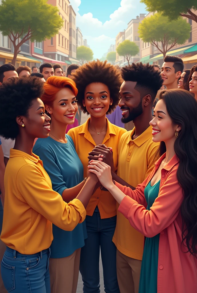Colorful unity of people holding hands of various walks of life