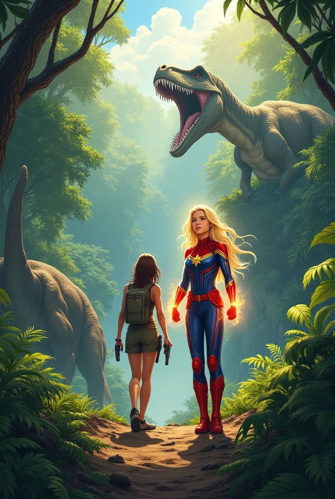 Captain Marvel and Lara Croft in a adventure on jungle with dinosaurs around, anime art