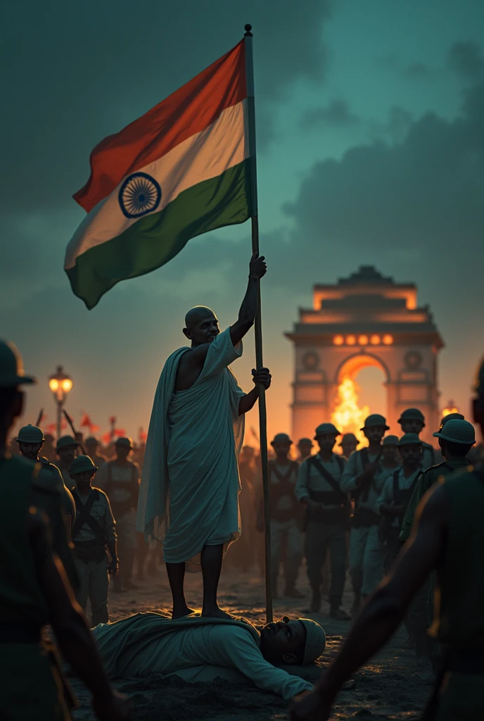 India indipendance freedom In midnight , freedom fighters , national flag of India, anger, injured British army , national gate, Gandhi ji