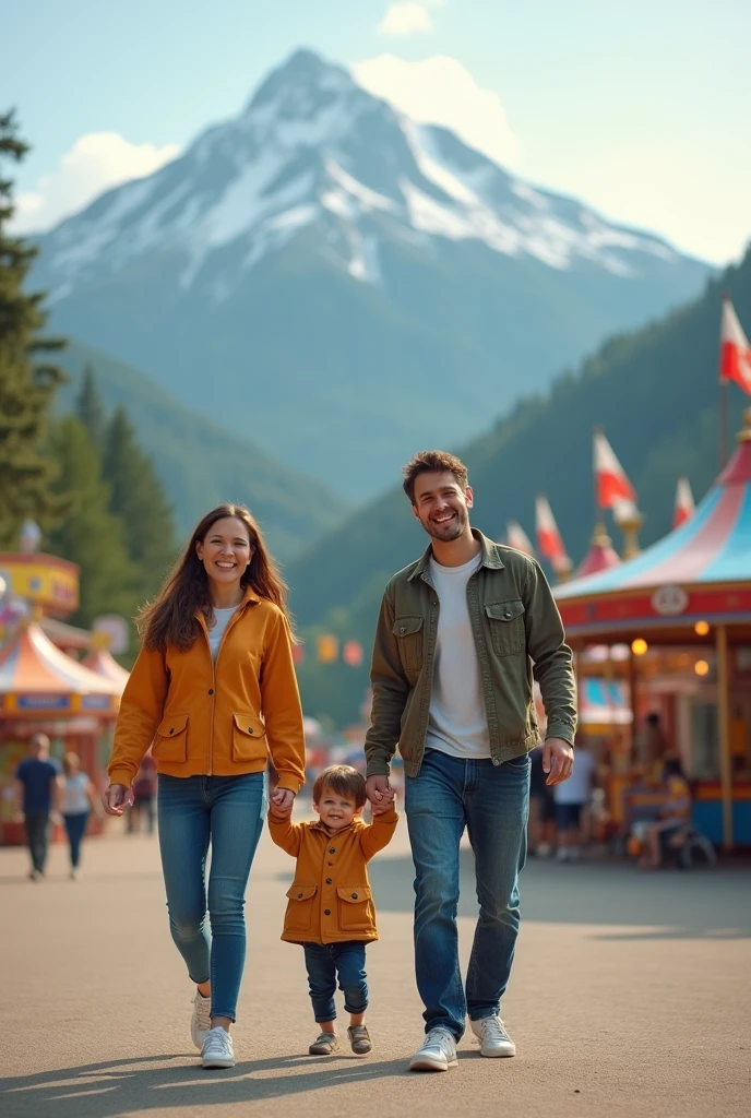 Create a family image made up of parents + 5 year old son, walking hand in hand at the amusement park, with the image of a mountain in the background