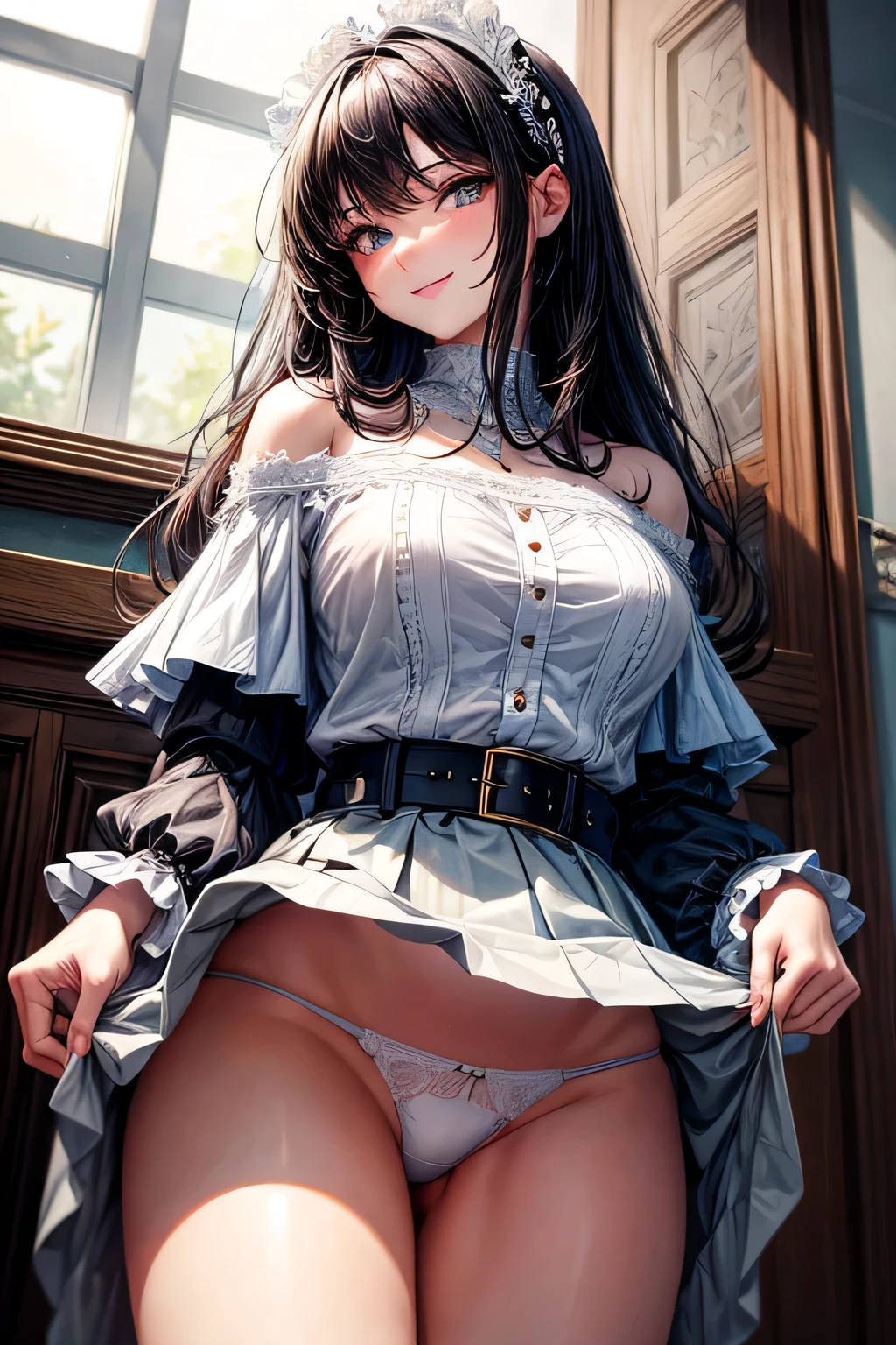 (masterpiece, best quality,ultra-detailed),nsfw,(cute and beautiful girl),beautiful face, beautiful detailed eyes, long sleeve ruffled off-shoulder shirt, high waist gray tight skirt, belt, garnet necklace,(skirt lift:1.4),BREAK,(white panties:1.3),(panty shot),BREAK,black hair,stand,cowboy shot,from below,shy smile