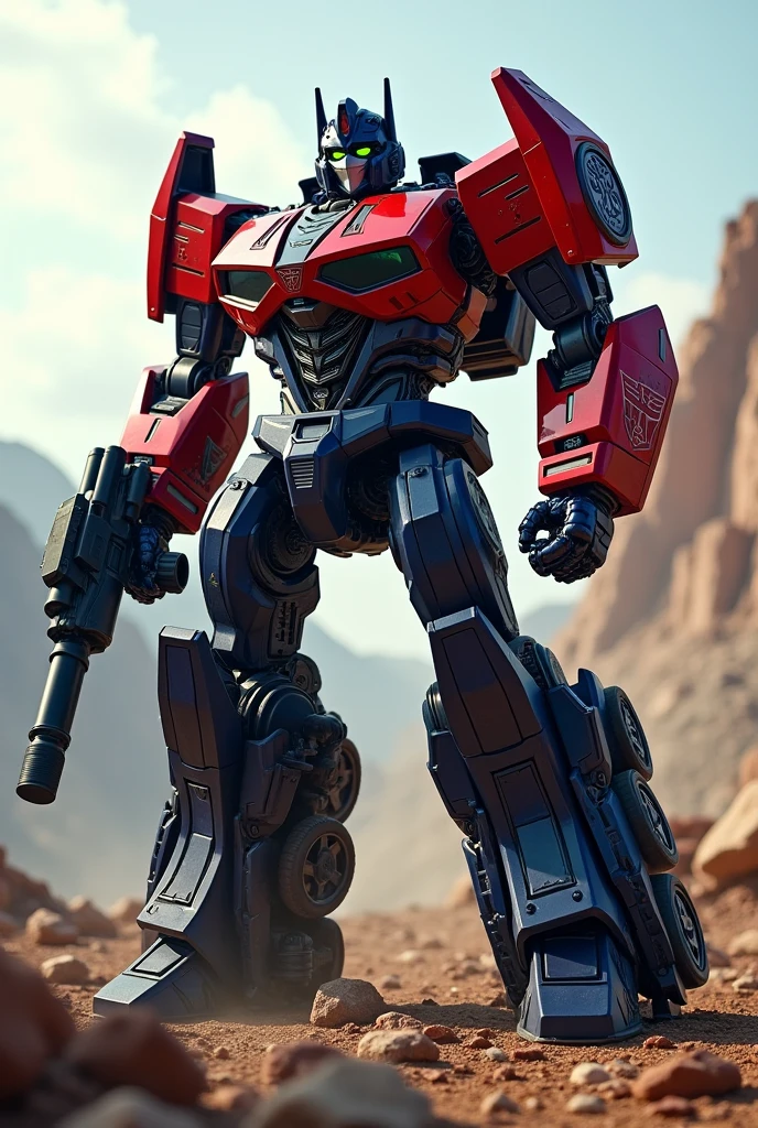 A red and dark blue Autobot capable of transforming into a Lamborghini Aventador fused with an M1126 Stryker 1/72; with a cannon in his right hand