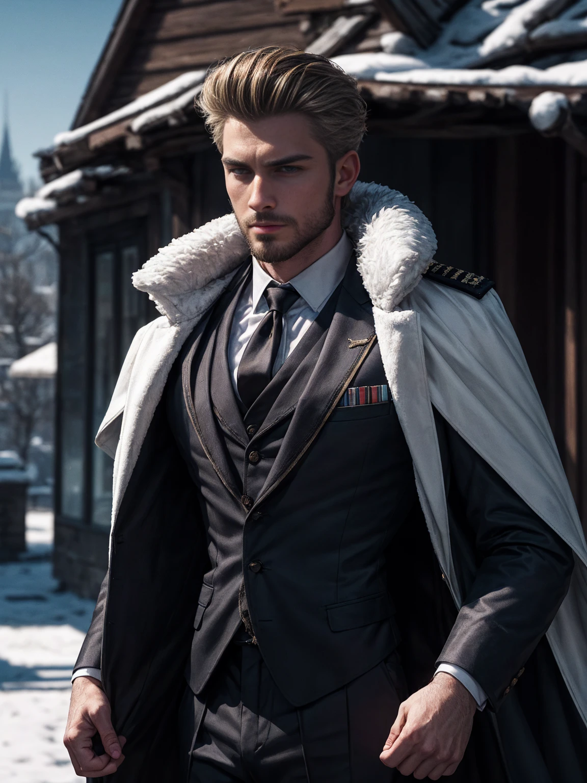 (absurdres, highres, A highly detailed), 1 male, solo, mature, handsome, tall muscular guy, broad shoulders, complex details, Colored, highest details, fantaisie, royal, nobleman, Admiral, short hair hair, blonde hair, eyes blue, Fleet Commander, navy, OC,A male, snow background, fantasy kingdom vibe, jet black hair, pale skin, dark blue eyes, Wearing royal war commander clothes Wearing a thick fur robe, Having two big wolves colored pitch black and snow white, Handsome tall Mature man, big beard。 hd vector art, Skinny and tall！（Character reference matthew john anderson） identifying its content. The content of this image includes a magazine cover with a photograph of a man who appears to be an athlete, given his attire and physique. Far shot! Hairy chest muscles! Furry armpits！Someone is watching next to it. , sexy digital art, suit , finger rings, wearing a suit and tie, wearing a suit and a tie, wearing suit and tie, wearing a shirt with a tie, wearing a business suit, wearing business suit, wearing black grey suit,（Chest hair：1.8） ！ High detail 8K)! ((Realistically))kilograms! Popular clips! ( High-detail 8k ((realistically)), best quality, bright lighting, focus, (Chest hair：1.8） !(Chest hair：1.8） photo realism, ！Short hair!！,Germany Male ！,More Detail. Tall, 208 centimeters tall! Small head!