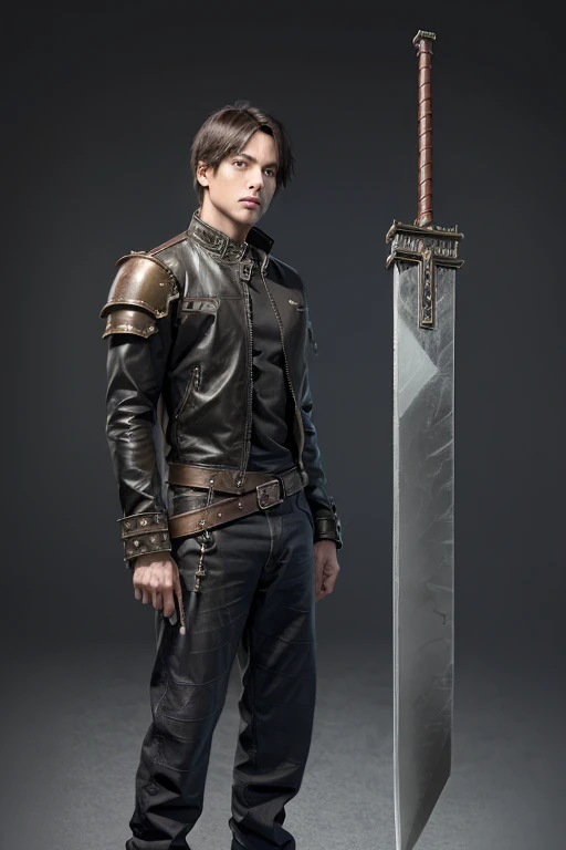 ((buster_sword, huge_sword, holding_sword, )):6, male, alone, Black Leather Jacket, Oriental