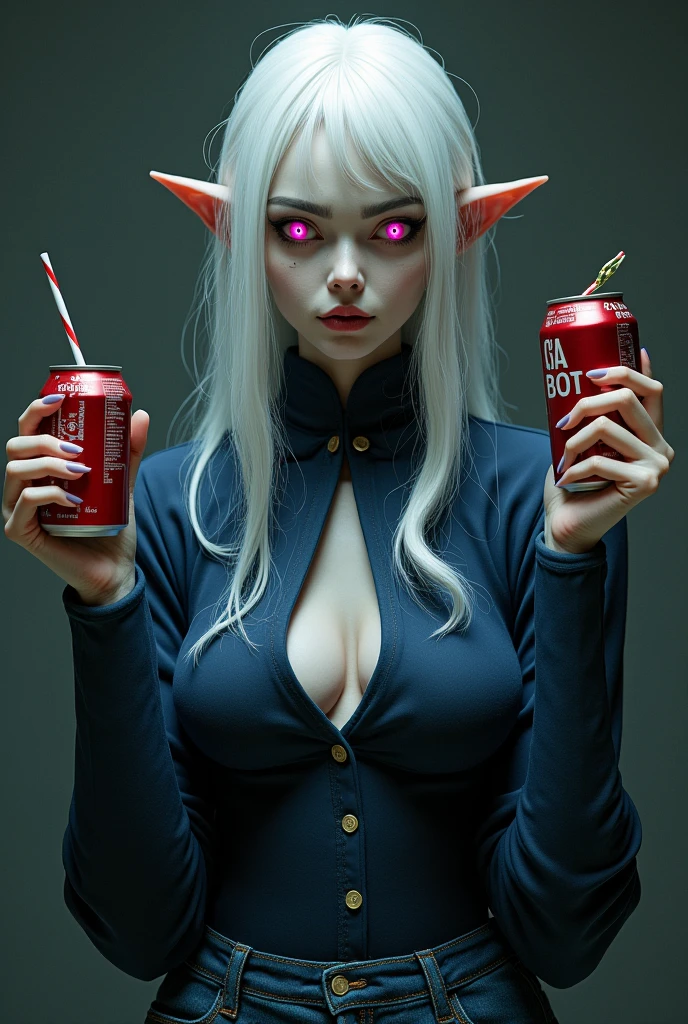dark blue outerwear, hungry face, white hair, white face, thin legs, thin hands, big bust, He is holding a candy in his left hand., He is holding a cola in his right hand,pink eyes, shining eyes, Blue Book Jeans, female