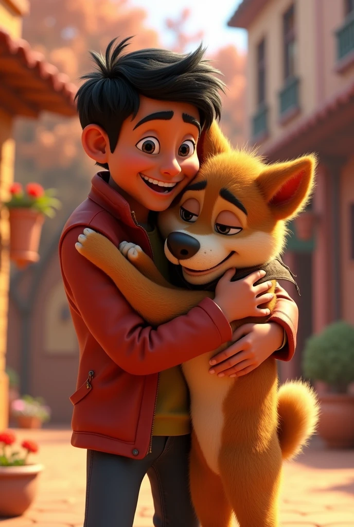 cartoon 3d animation style "Ramesh hugging Sheru tightly**, tears of gratitude in his eyes as he realizes Sheru saved him.