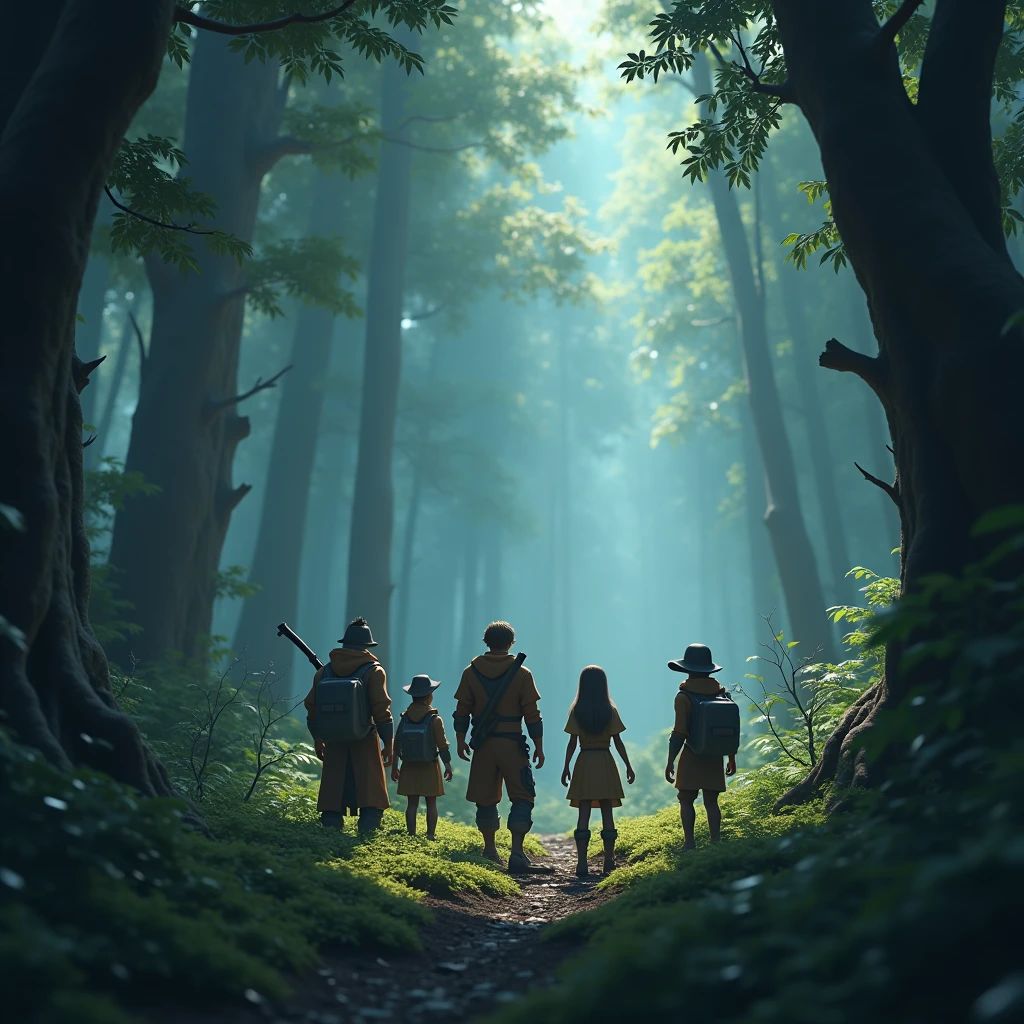 in 3d Animation style "**Mysterious sounds in the forest**: The group reacting to strange, eerie sounds coming from deeper within the forest."