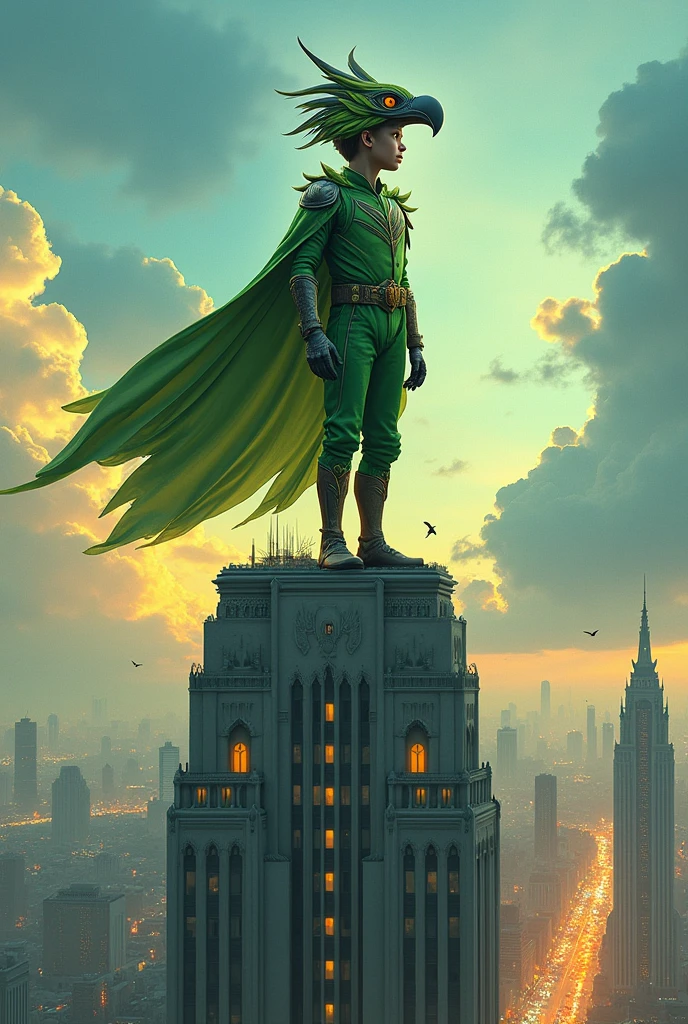 intricate detailed illustration of a boy wearing a helmet with a bird face, green suit, cape, standing on top of a building, hyper realistic, 8k, photorealistic, masterpiece, cinematic lighting, vibrant colors, dramatic composition