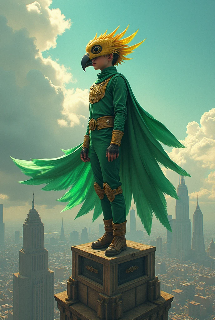 intricate detailed illustration of a boy wearing a helmet with a bird face, green suit, cape, standing on top of a building, hyper realistic, 8k, photorealistic, masterpiece, cinematic lighting, vibrant colors, dramatic composition