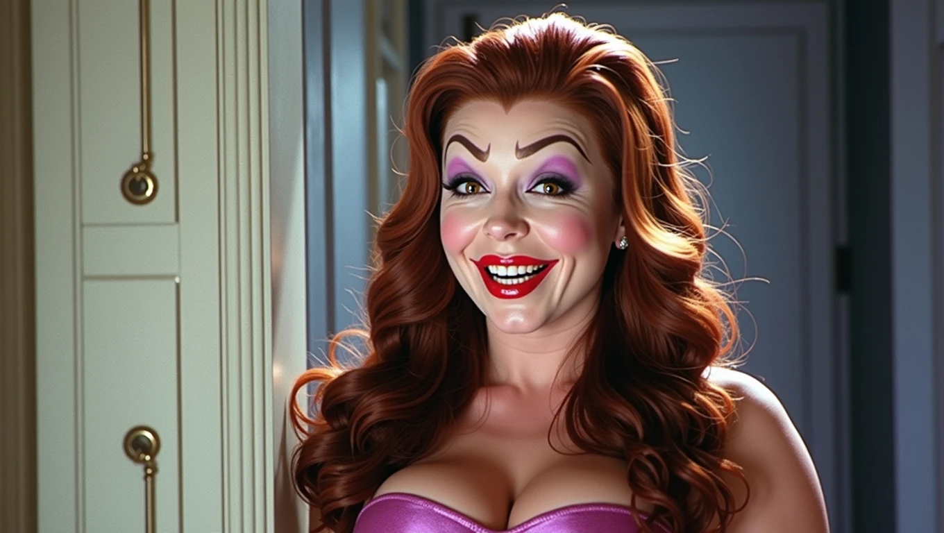 a detailed y evil witch with bigig forehead, long flowing detailed red hair, mouth open, perfect teeth, wearing tube top, cleavage, evilcinematic lighting, hyperrealistic, 8k, highly detailed, photorealistic, masterpiece