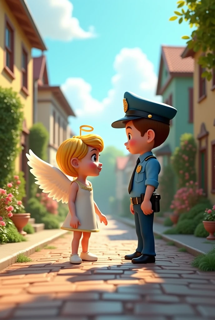 An angel talking with police man in old home road 3d cartoon