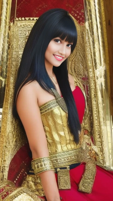 beautiful egyptian woman、With bangs、Toothy Smile、cleopatra、sexy body、Egyptian traditional decorations and costumes、inside a stone palace、Is sitting on the throne、loved by many people