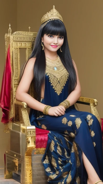 beautiful egyptian woman、With bangs、Toothy Smile、cleopatra、sexy body、Egyptian traditional decorations and costumes、inside a stone palace、Is sitting on the throne、loved by many people