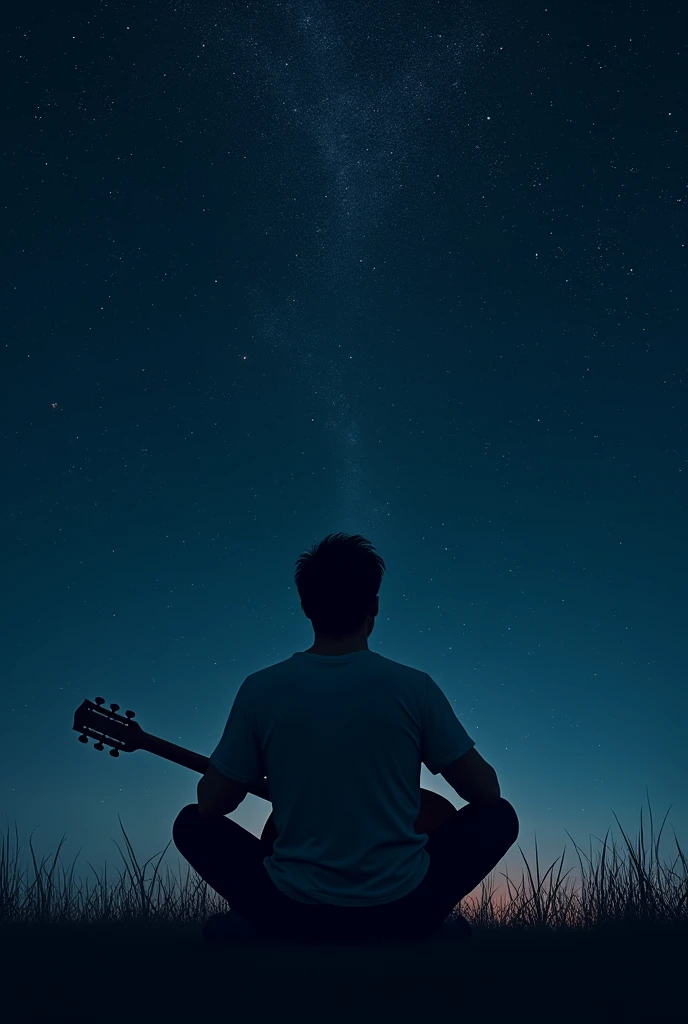 Man with a guitar looking at the stars at night