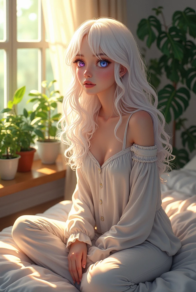 (photorealism:1.2), beautiful woman, sitting on bed, wearing loose off-shoulder top, pajama pants, long curly hair, indoors, soft lighting, plants in background, window with sunlight, cozy room, relaxed pose, realistic, intricate details, warm colors, by Greg Rutkowski, by Alphonse Mucha
Pelo blanco 
Características de anime 
Con un ojo de color morado y otro de color azul 

