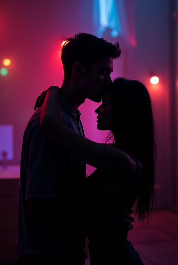Colored lights in a room and on a wall you can see the shadow of a young beardless man kissing the back of a woman in a skirt