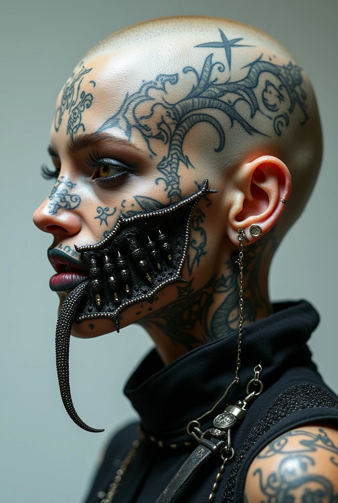 Create a young woman with this appearance: She has her skin completely covered in tattoos, every inch of it is completely covered without leaving any free space, no matter how small.; The inside of his mouth and his forked tongue are also completely tattooed, her scleras are also completely tattooed as well as her lips which are also completely tattooed. She has subdermal scale implants all over her skin, and on the head it has a pair of subdermal horns on the forehead, she also has a long pointy tail. She has many, plus many expanders on the face and many piercings on the body and some on the face, in the mouth and on the tongue. Her teeth are all made of black rhodium encrusted with black diamonds.. She is completely bald, without having any hair since childhood thanks to alopecia universalis. 