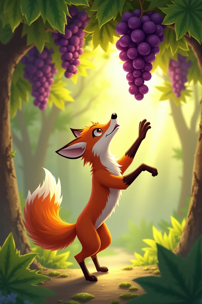 One hot summer day, a fox was walking through a forest. As he was wandering around, he came across a vine full of ripe, juicy grapes hanging high on a tree. The fox's mouth watered at the sight of the grapes, and he immediately wanted to eat them.

The fox jumped up to grab the grapes, but they were too high. He tried again and again, jumping as high as he could, but he still couldn't reach them. T