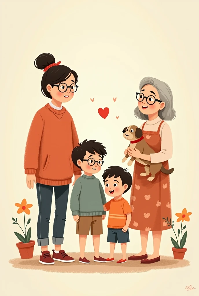 Image of a mom with glasses , an older brother( high) without glasses with a ball.
A female middle sister with glasses holding a pet dog.
A little brother little man.
A grandmother woman Cartoon made with stick figures