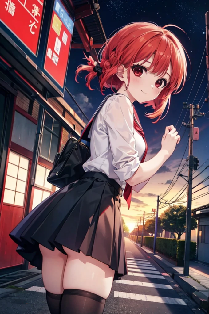 1girl, shintarou style, Arima Kana,Red hair,Red Eye,school uniform, skirt, Black tights, smile,Meet in front of the station,look back,Daytime