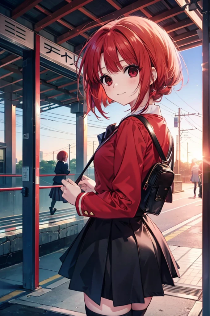 1girl, shintarou style, Arima Kana,Red hair,Red Eye,school uniform, skirt, Black tights, smile,Meet in front of the station,look back,Daytime