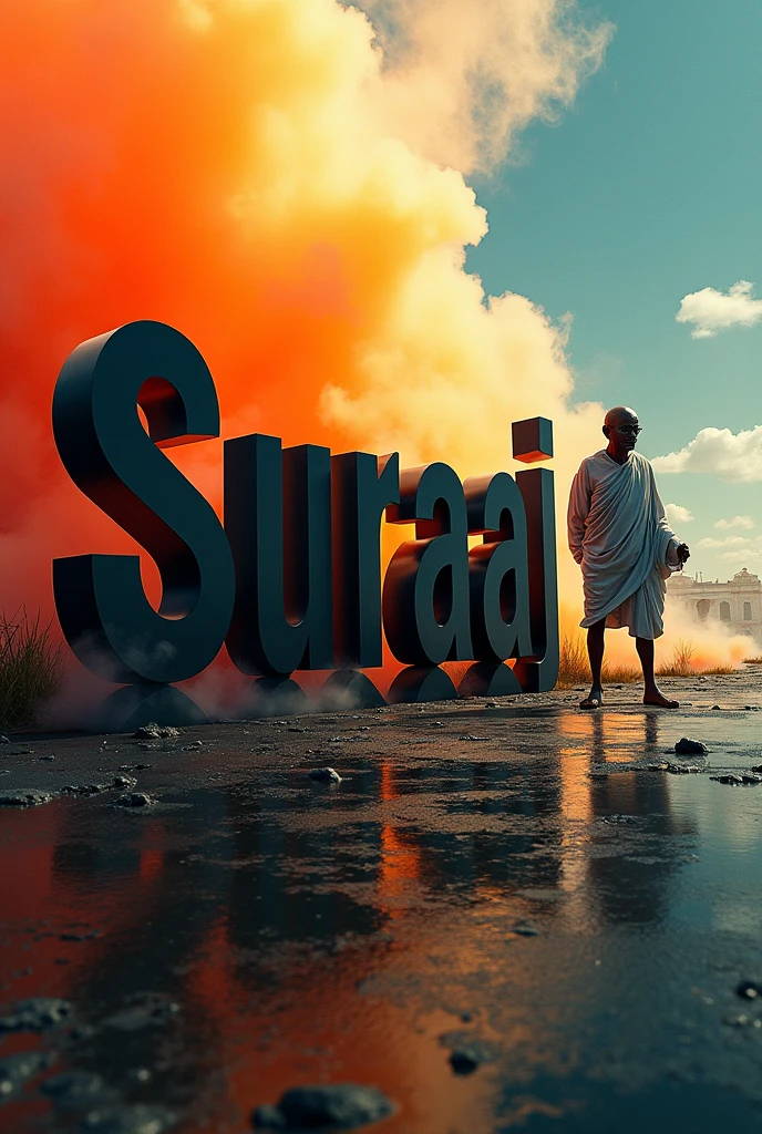 ' Suraaaj ' name black bold letter display image, mix colour background, right side mahatma gandhi