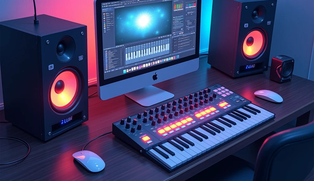 white　Emotional　computer　speaker　Aerial view of keyboard and mouse　piano roll　Fader　mixer　night　An illustration　Anime Style