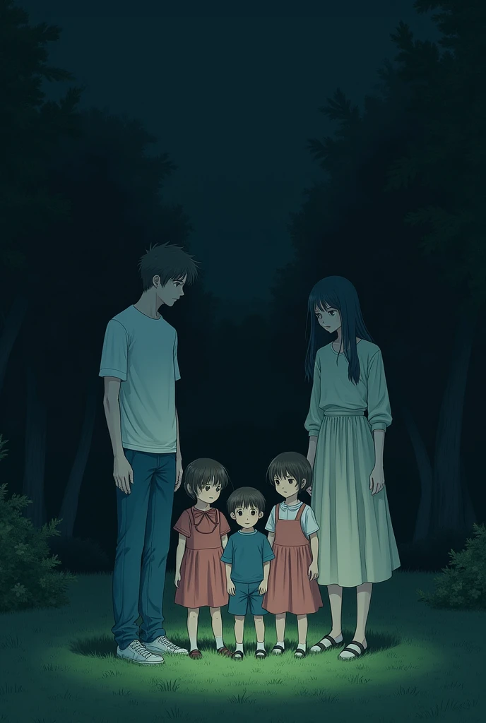 3 small children surrounded by two adults in a park at night ((R18))