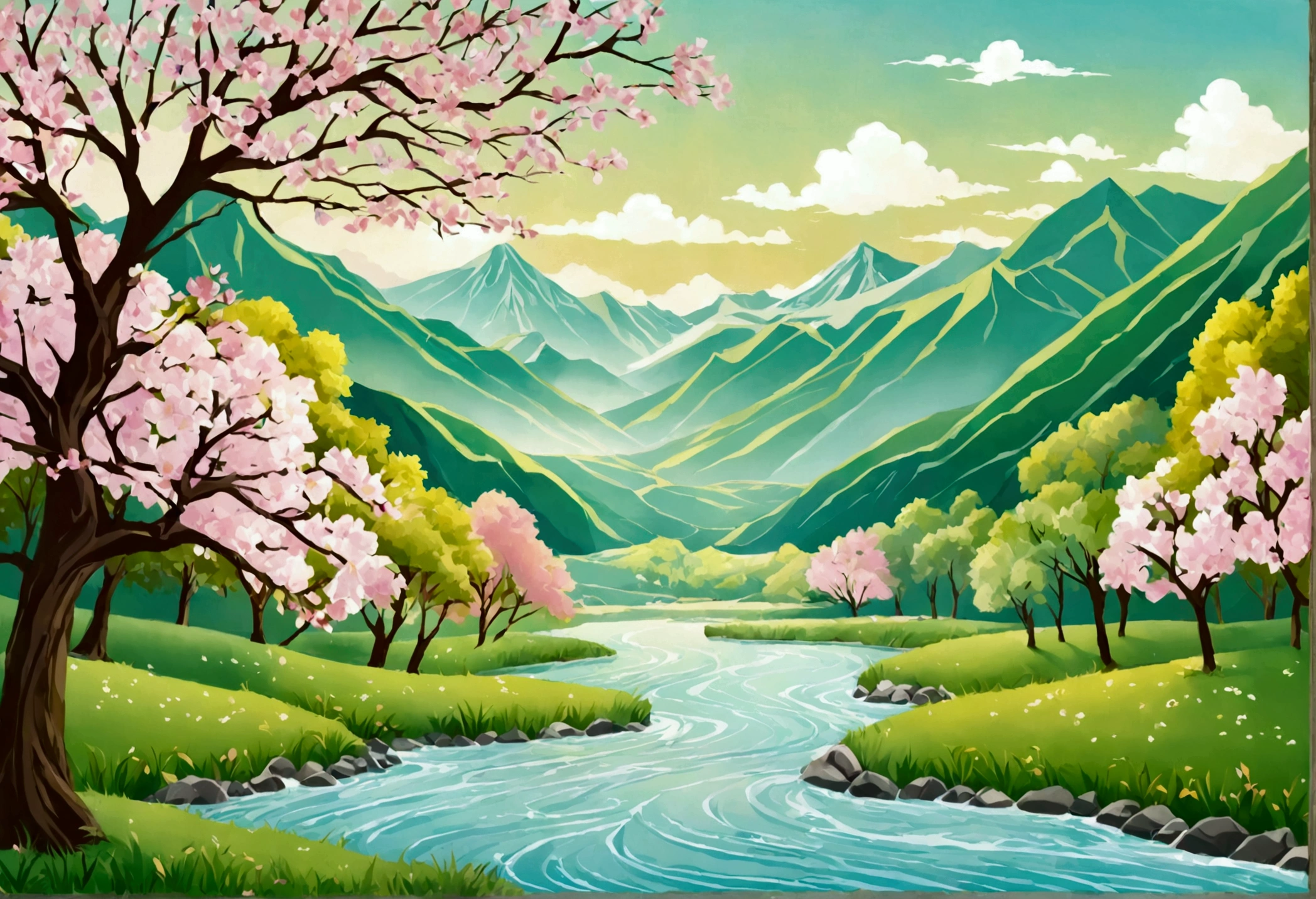 make me a picture for wallpaper, wallpaper pemandangan, river, trees, and mountains with a style like paper arranged in soft colors