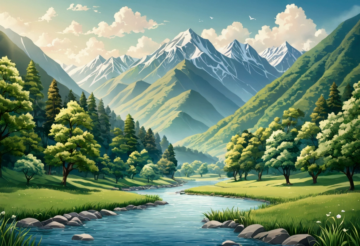 make me a picture for wallpaper, wallpaper pemandangan, river, trees, and mountains with a style like paper arranged in soft colors