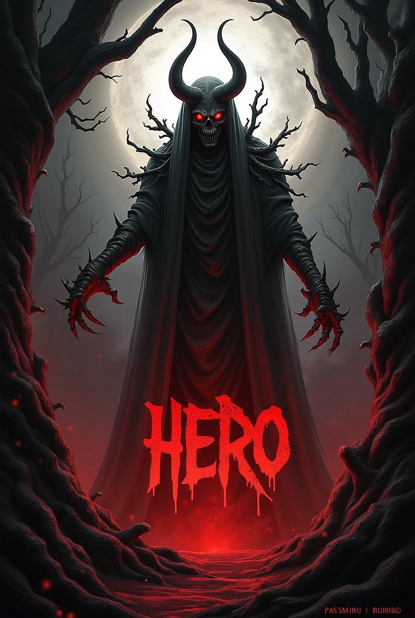 realistic cruel nightmare playing card for Gloomhaven tabletop game with logo "HERO" in dark fantasy style