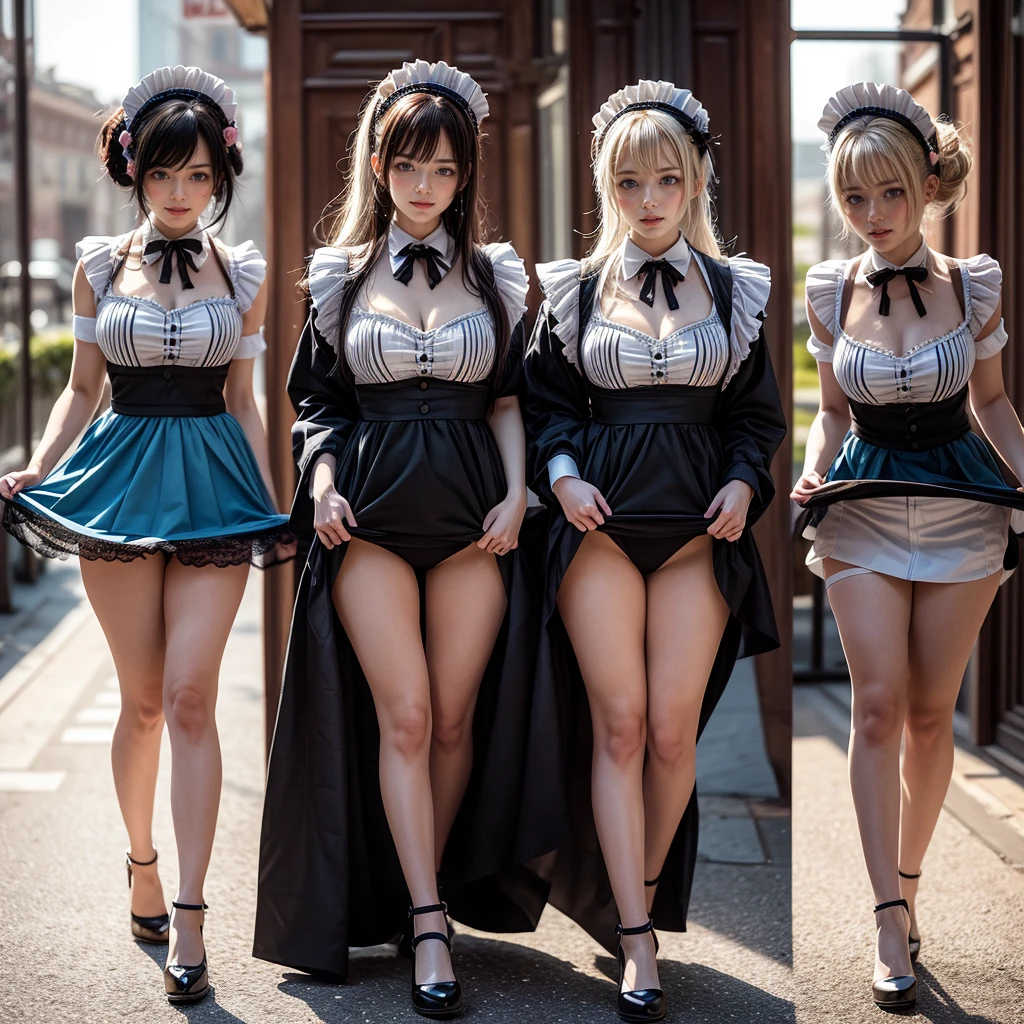 (Full Body of Extremely Detailed((Kawaii Maid Group in a row:1.37))), Cute perfect face, Reflective Eyes, Detailed(Delicate Clothing textures), Correct Leg Line, Dynamic Joyful Expressions LifeLike Rendering, Specular Reflection, TopQuality 8K Ultra-detailed masterpiece (ProfessionalPhoto:1.37), (Acutance:0.8), (Luminism:1.28), (Renaissance art style), Colorful Light particles, ((Full body from side)), {MicroMini Skirt|Kissing|Breast Lifting|Undressing|Thigh Gap|AssFocus}, Radiant Fine Skin with Transparency, (Exposed:0.5), (Different types of Anime hair color){Pink Hair|Blue Hair|Platinum Blonde|Pure White Hair|Liquid Hair}, Perfect Lighting