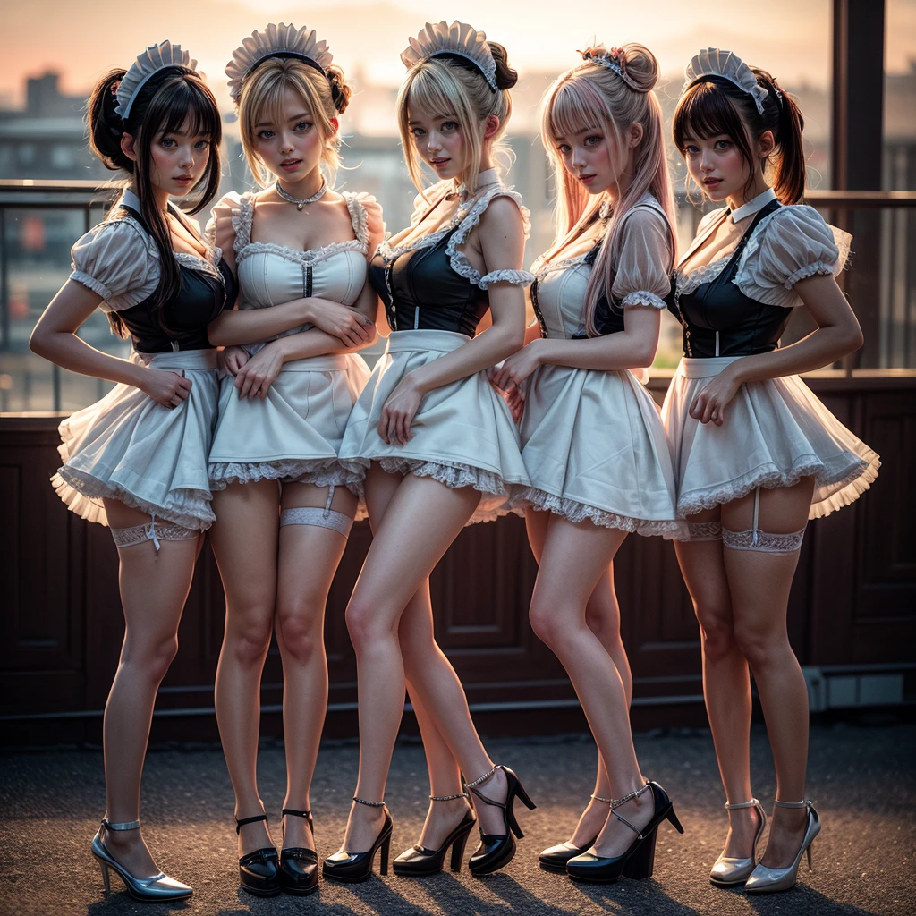 (Full Body of Extremely Detailed((Kawaii Maid Group in a row:1.37))), Cute perfect face, Reflective Eyes, Detailed(Delicate Clothing textures), Correct Leg Line, Dynamic Joyful Expressions LifeLike Rendering, Specular Reflection, TopQuality 8K Ultra-detailed masterpiece (ProfessionalPhoto:1.37), (Acutance:0.8), (Luminism:1.28), (Renaissance art style), Colorful Light particles, ((Full body from side)), {MicroMini Skirt|Kissing|Breast Lifting|Undressing|Thigh Gap|AssFocus}, Radiant Fine Skin with Transparency, (Exposed:0.5), (Different types of Anime hair color){Pink Hair|Blue Hair|Platinum Blonde|Pure White Hair|Liquid Hair}, Perfect Lighting
