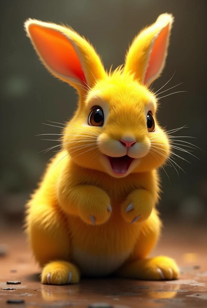 a yellow rabbit, detailed fur, intricate details, high quality, 3d render, photorealistic, dynamic pose, open mouth, detailed expression, dramatic lighting, cinematic, highly detailed, award winning, digital art, masterpiece