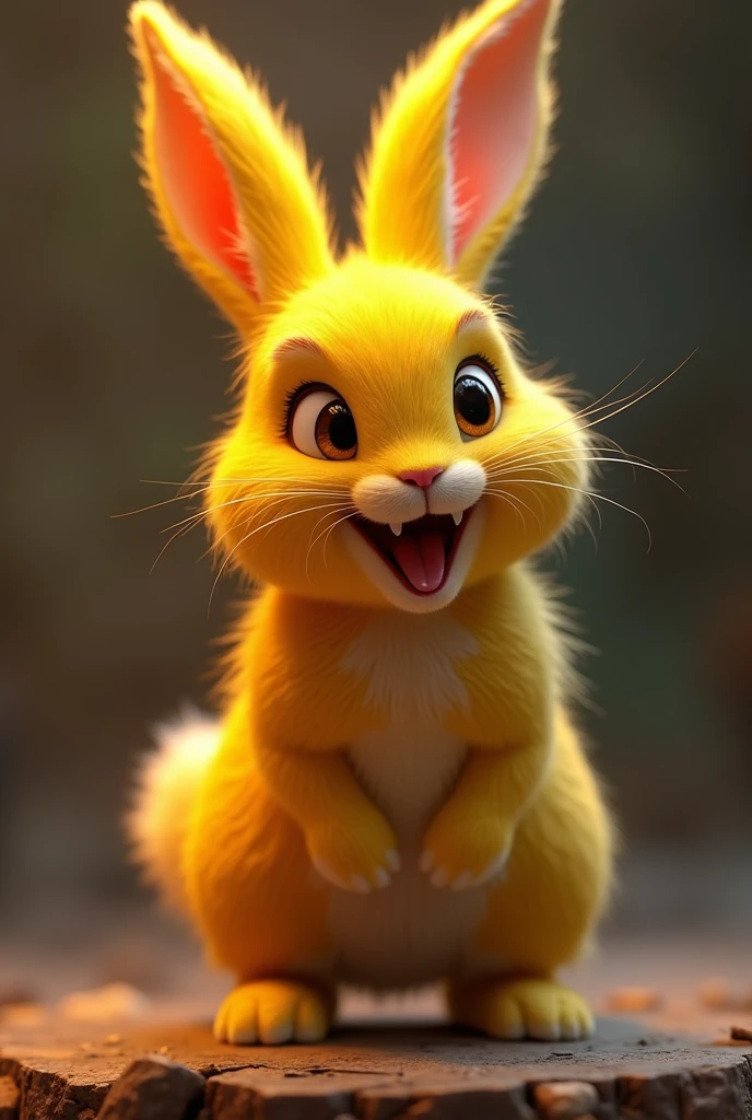 a yellow rabbit, detailed fur, intricate details, high quality, 3d render, photorealistic, dynamic pose, open mouth, detailed expression, dramatic lighting, cinematic, highly detailed, award winning, digital art, masterpiece